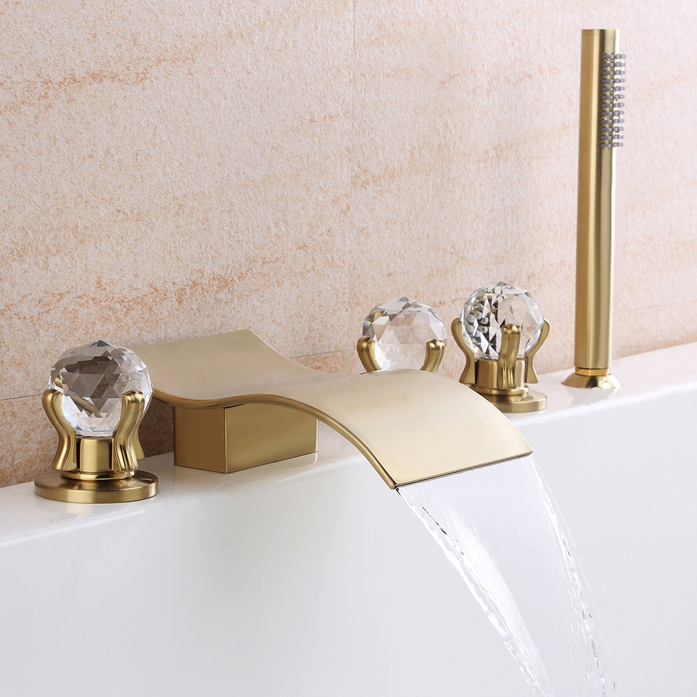 Deck Mounted Waterfall 5 Hole Filler Mixer Tap with Hand Shower Triple Crystal Handle window image