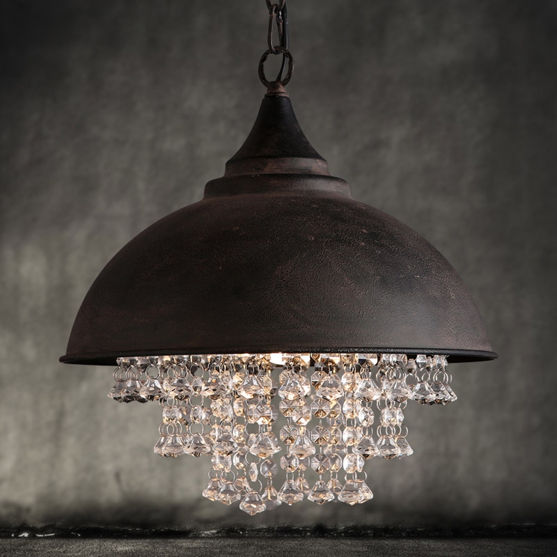 Industrial Rust Metal Dome Shade 1-Light Pendant Light with Clear Crystal Cascade window image