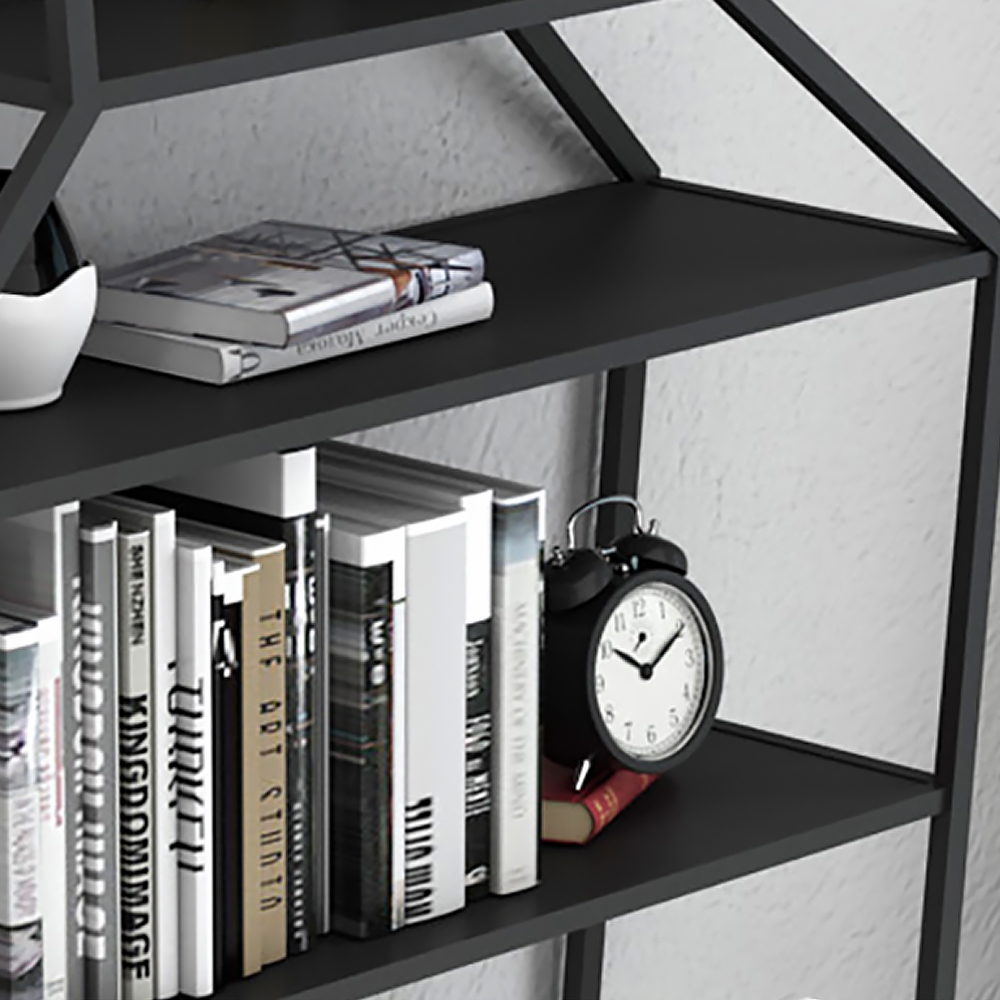 70" Black Metal Etagere Bookshelf Vase-Shaped Freestanding 7-Tier Shelf window image