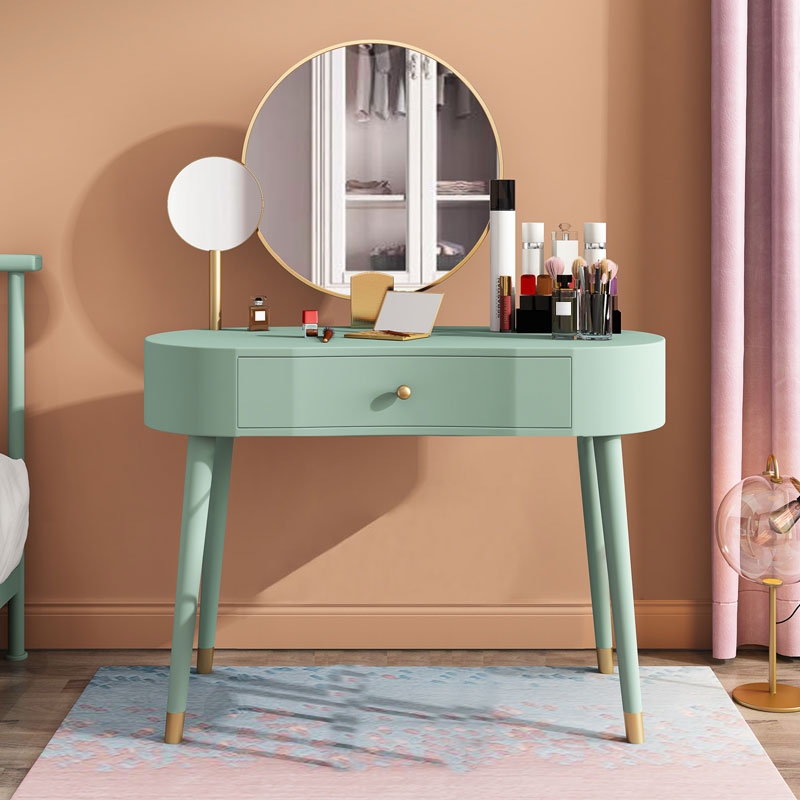 Elegant Makeup Vanity Table Set 2 Mirrors with Drawer & Stool Brushed Gold Green window image