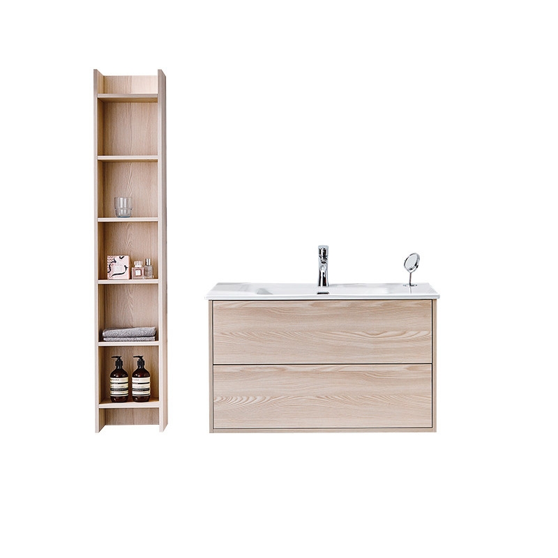 Floating Wall-mounted Single Bathroom Vanity  with Drawers & Side Cabinet in Natural window image