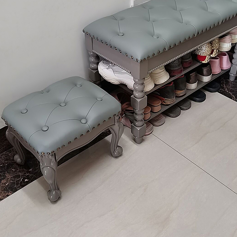 Modern Gray Tufted Pouf Ottoman Genuine Leather Upholstered Ottoman Footrest Stool window image