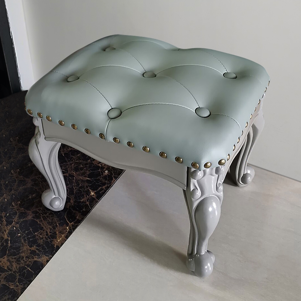 Modern Gray Tufted Pouf Ottoman Genuine Leather Upholstered Ottoman Footrest Stool window image