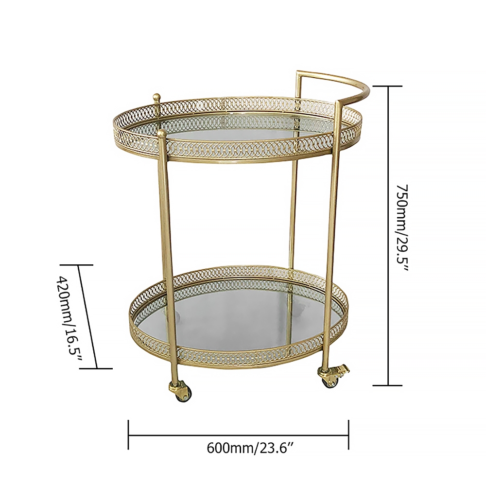 Gouden 23,6 „2-laags ovale rollende serveerbarwagen met handvat gespiegelde planken van gehard glas Vensterafbeelding