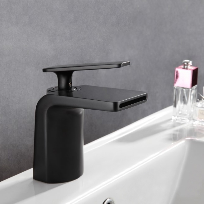 Contemporary Waterfall Bathroom Sink Faucet Single Handle One-Hole Sink Faucet in Matte Black window image