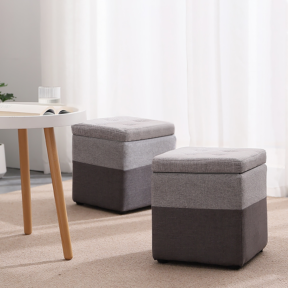 Deep Grey & Light Grey Pouf Ottoman Upholstered Ottoman Footrest with Hidden Storage window image