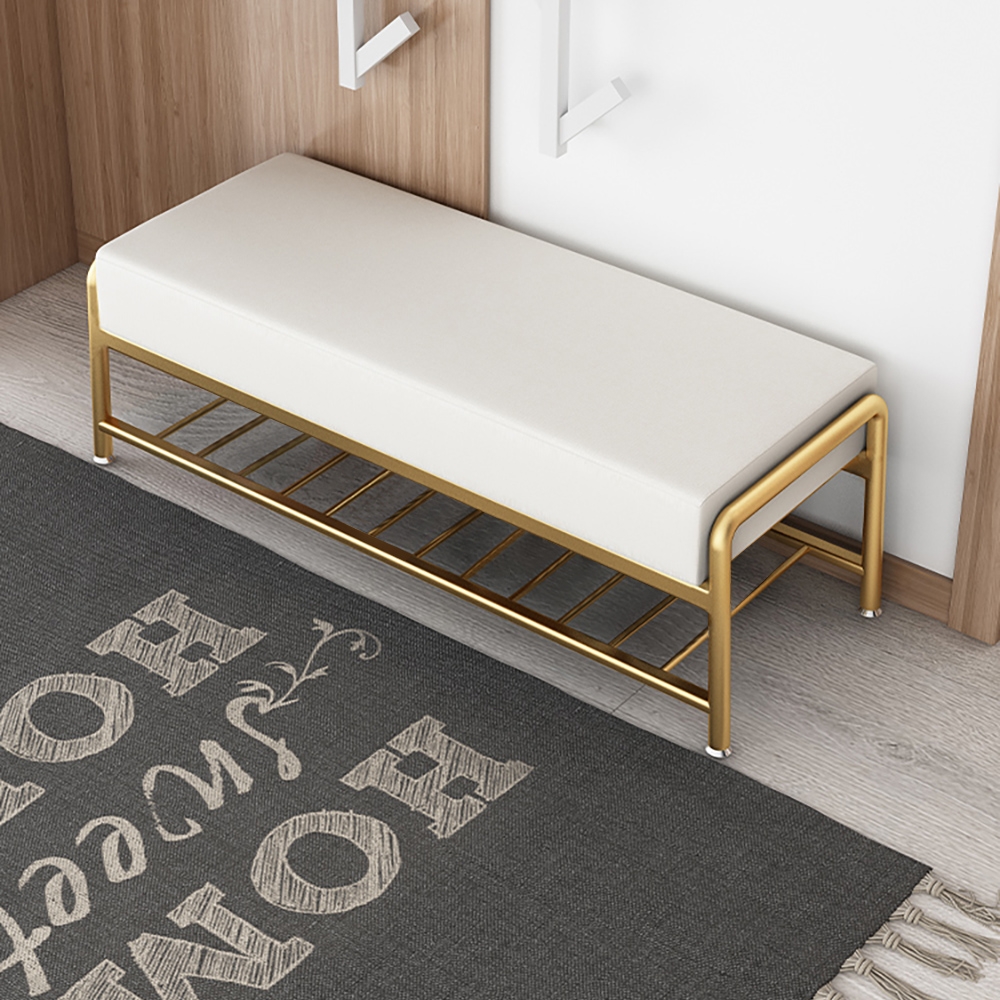Modern Bench PU Leather Upholstered Shoe Storage with Shelf in Gold window image