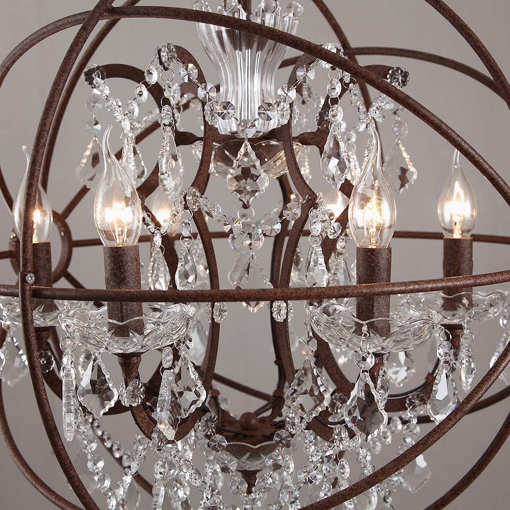 Industrial Loft 6 Lights Retro Clear Crystal Hanging Sphere Rust Metal Orb Chandelier window image