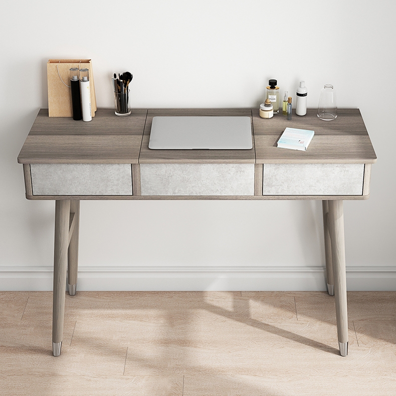 Moderne Scandinavische grote make-up kaptafel en zijopbergmeubel met spiegelspiegel en opbergkast in cementgrijs Vensterafbeelding