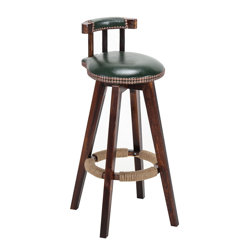 Retro Rustic Swivel Bar Stool Leather Wood Bar Stool with Back Round Nail Heads Seat Cushion in Green window image