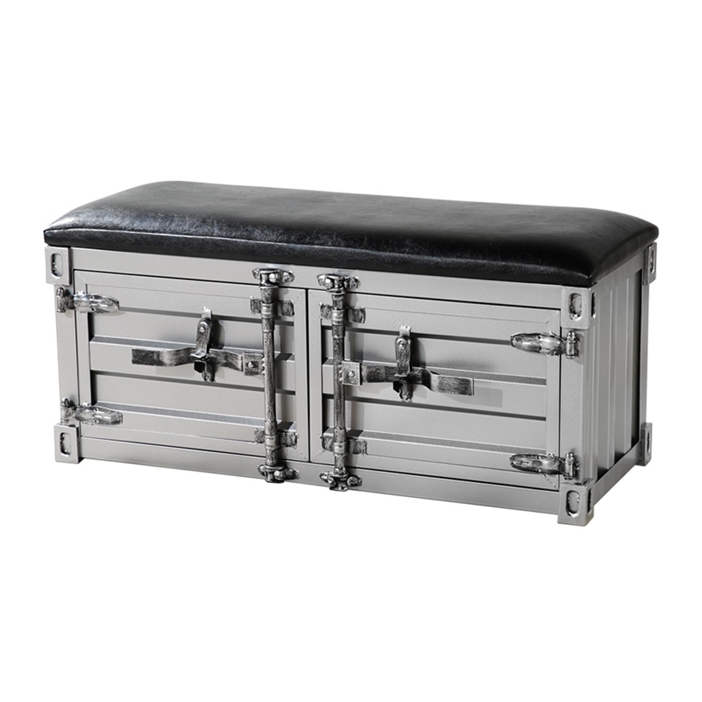 Industrial Cargo Container Style Shoe Storage Upholstered Bench in Silver window image
