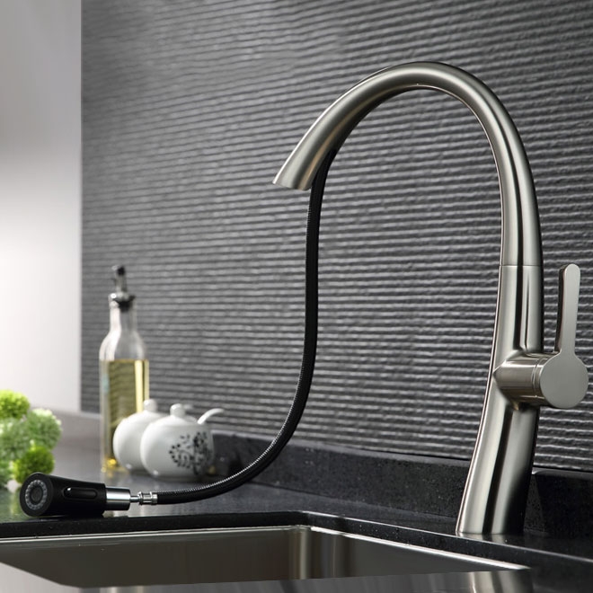 Single Handle Rotatable 1-Hole Pull Out Kitchen Faucet with Dual-Function Spray Solid Brass in Brushed Nickel window image