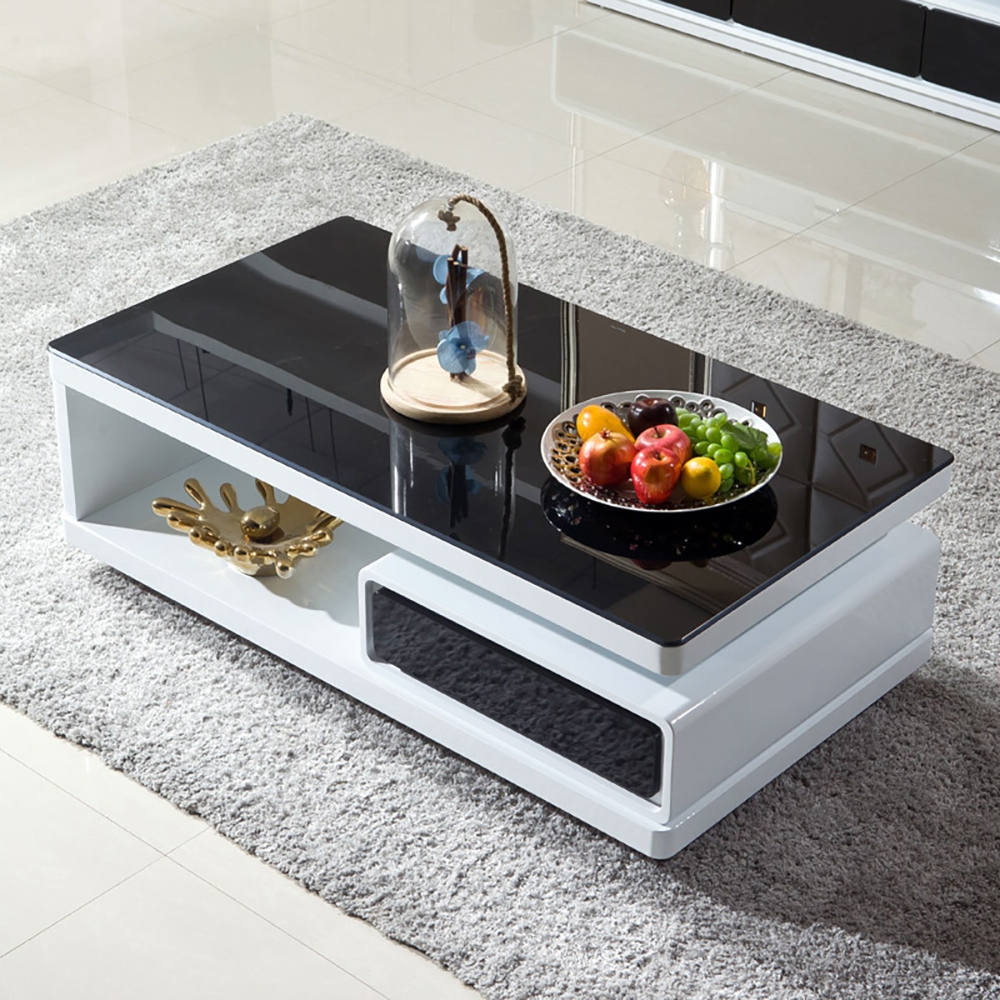 Modern Coffee Table with Drawers & Storage Tempered Glass White & Black window image