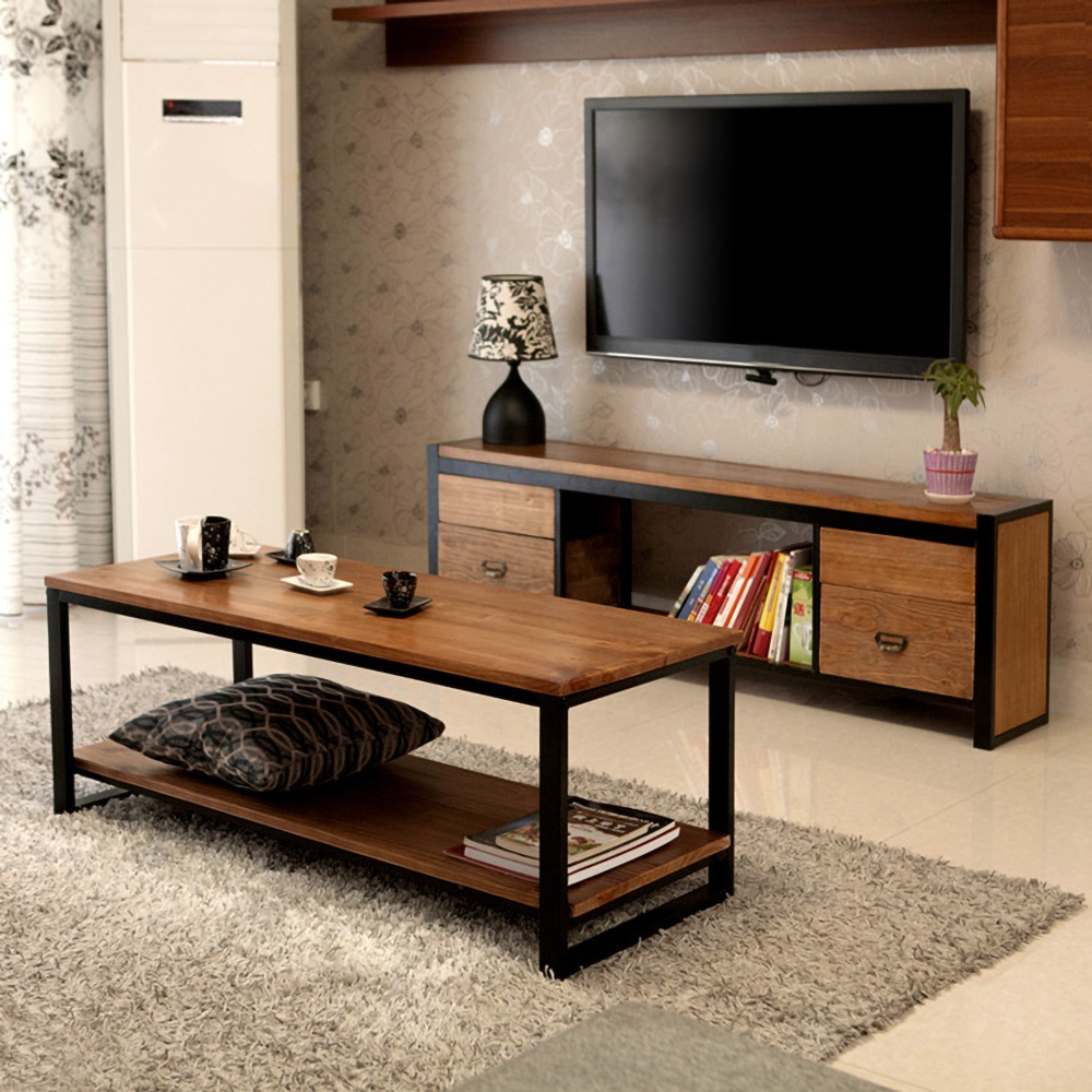 59" Industrial Loft TV Stand with Drawers Rectangular TV Consol Metal in Black window image