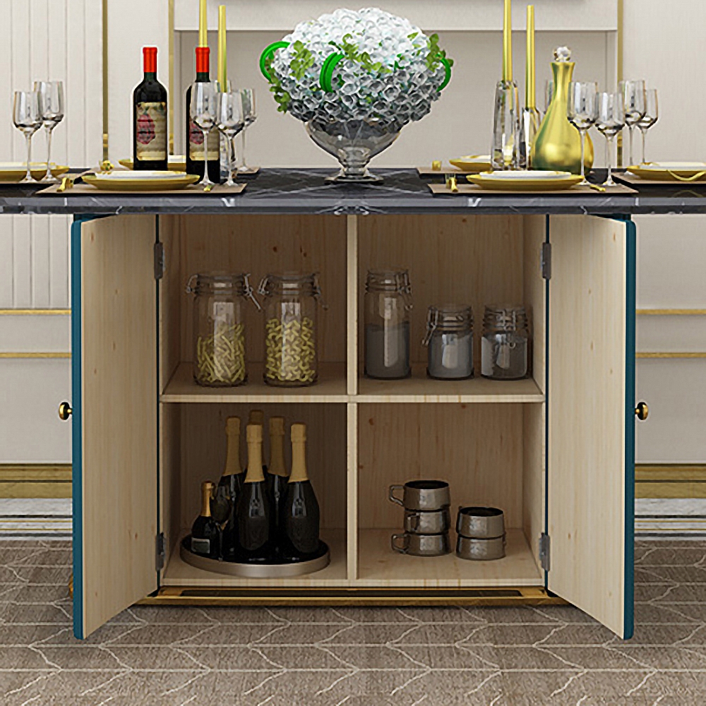 Black Faux Marble Rectangle Dining Table with Storage Blue PU Leather window image