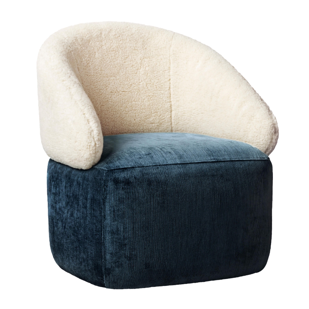 Modern Creative White Upholstered Chair Round Faux Fur Stool with Backrest Faux Sheepskin Chair window image