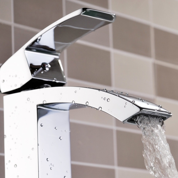 Ridge Waterfall Angled Spout Single Hole Bathroom Sink Faucet Solid Brass 1-Handle in Chrome Finish window image