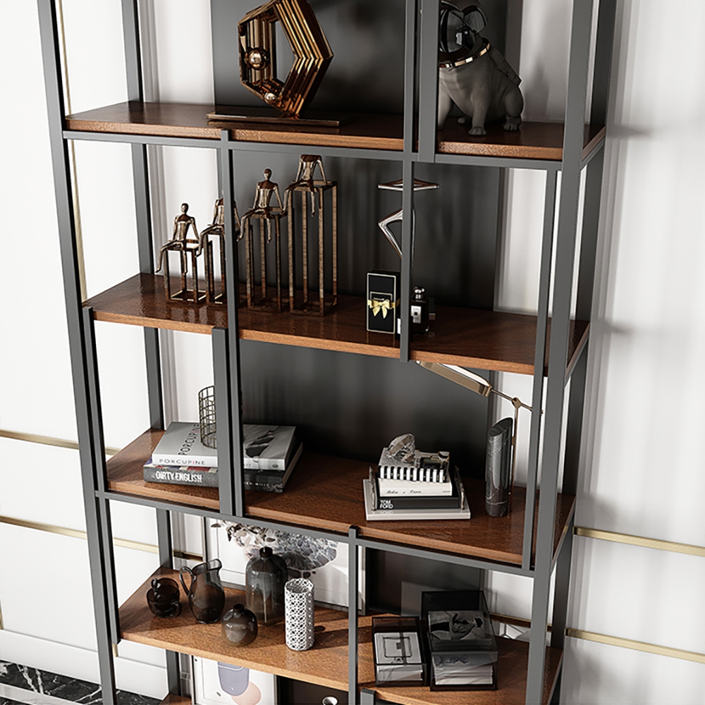 Estante de livros contemporânea Etagere de 5 camadas de 78,7" em preto e natural Imagem da janela