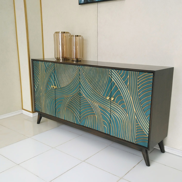 Nowi Modern 4-Door Wave Sideboard & Buffet Table Cabinet Birch MDF in Green & Gold window image