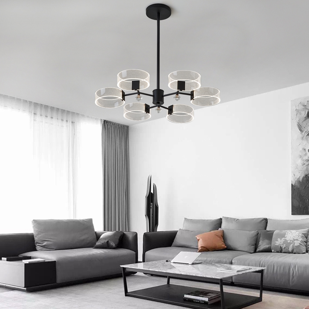 Modern Acrylic LED Chandelier Pendant Lighting 6 Light Black Metal window image