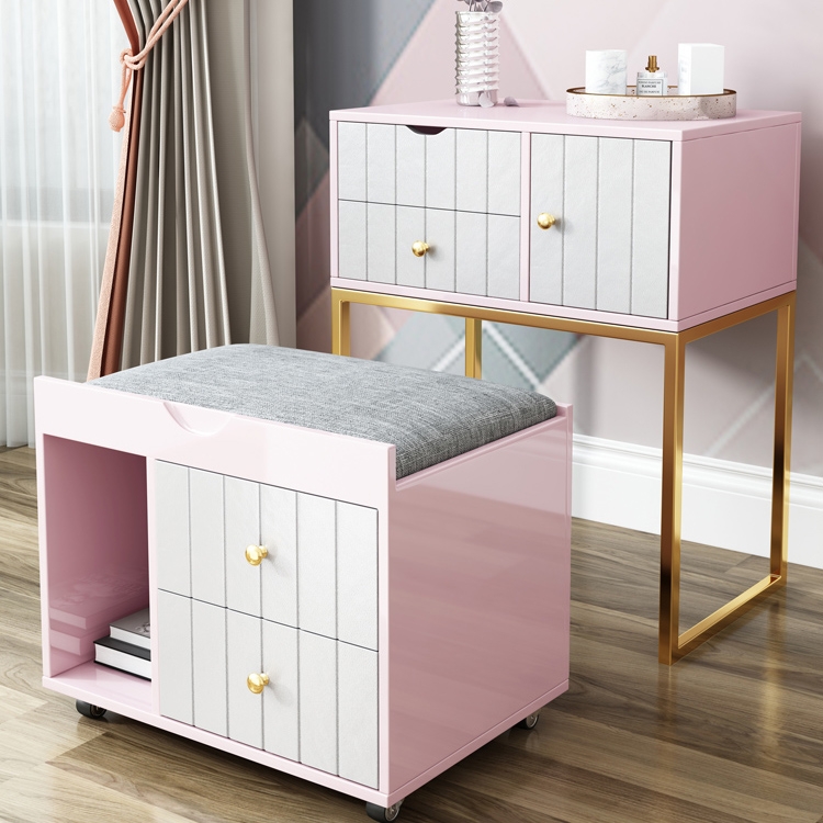 Modern Mirrored Makeup Vanity Set Dresser with Drawers & Ottoman in Pink window image