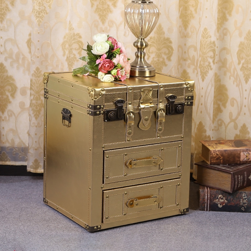 Industrial Gold Nightstand with 2 Drawers & Lift Top Storage Bedside Table window image