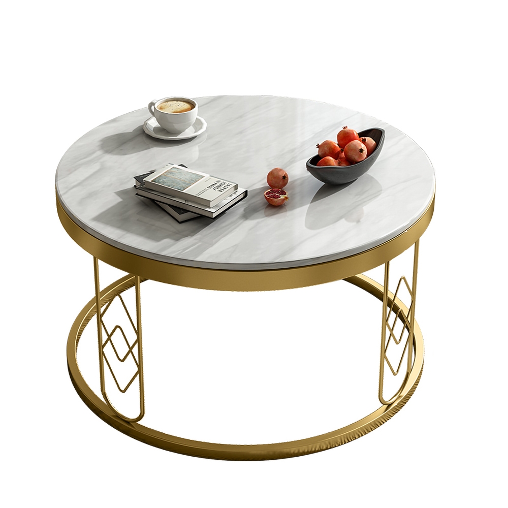Modern Round Coffee Table with Marble Tabletop Metal Base in Gold window image