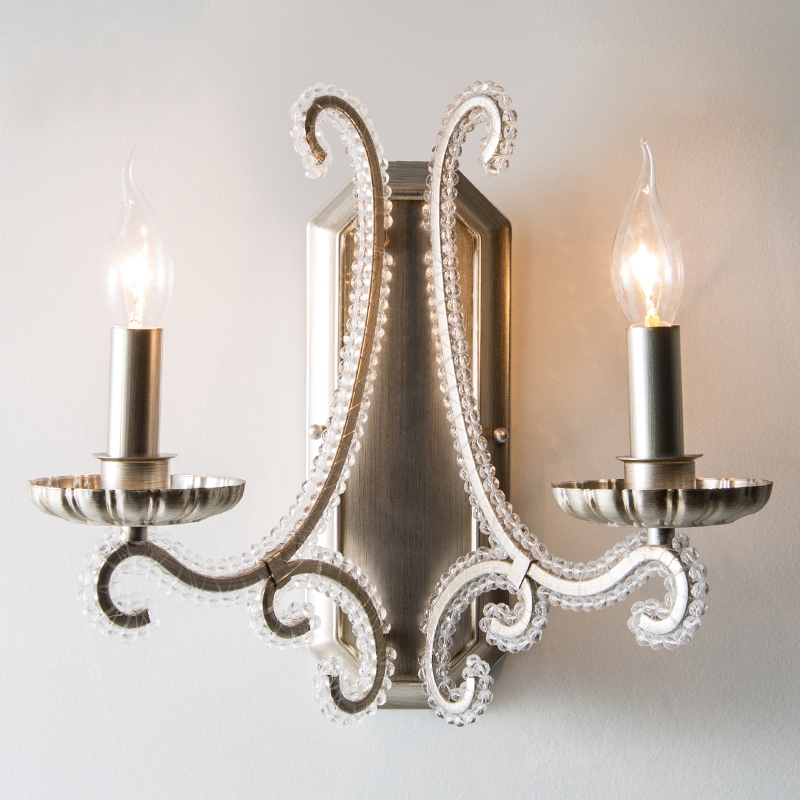 French Country Wall Light Clear Crystal Candle Indoor Wall Light 2-Light in Distressed Brushed Nickel window image