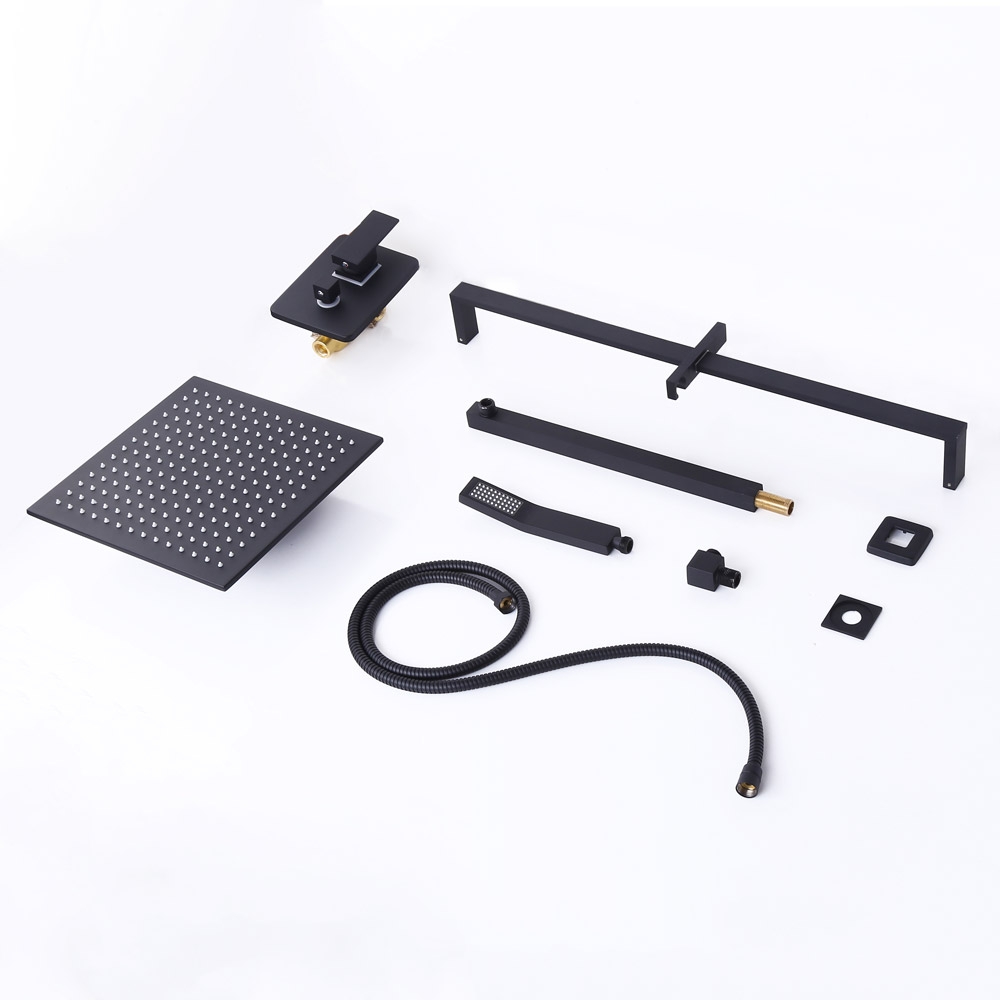 Dree Contemporary Wall-Mount 8" Square Rain Shower & Slide Rail Hand Shower System in Matte Black Solid Brass window image