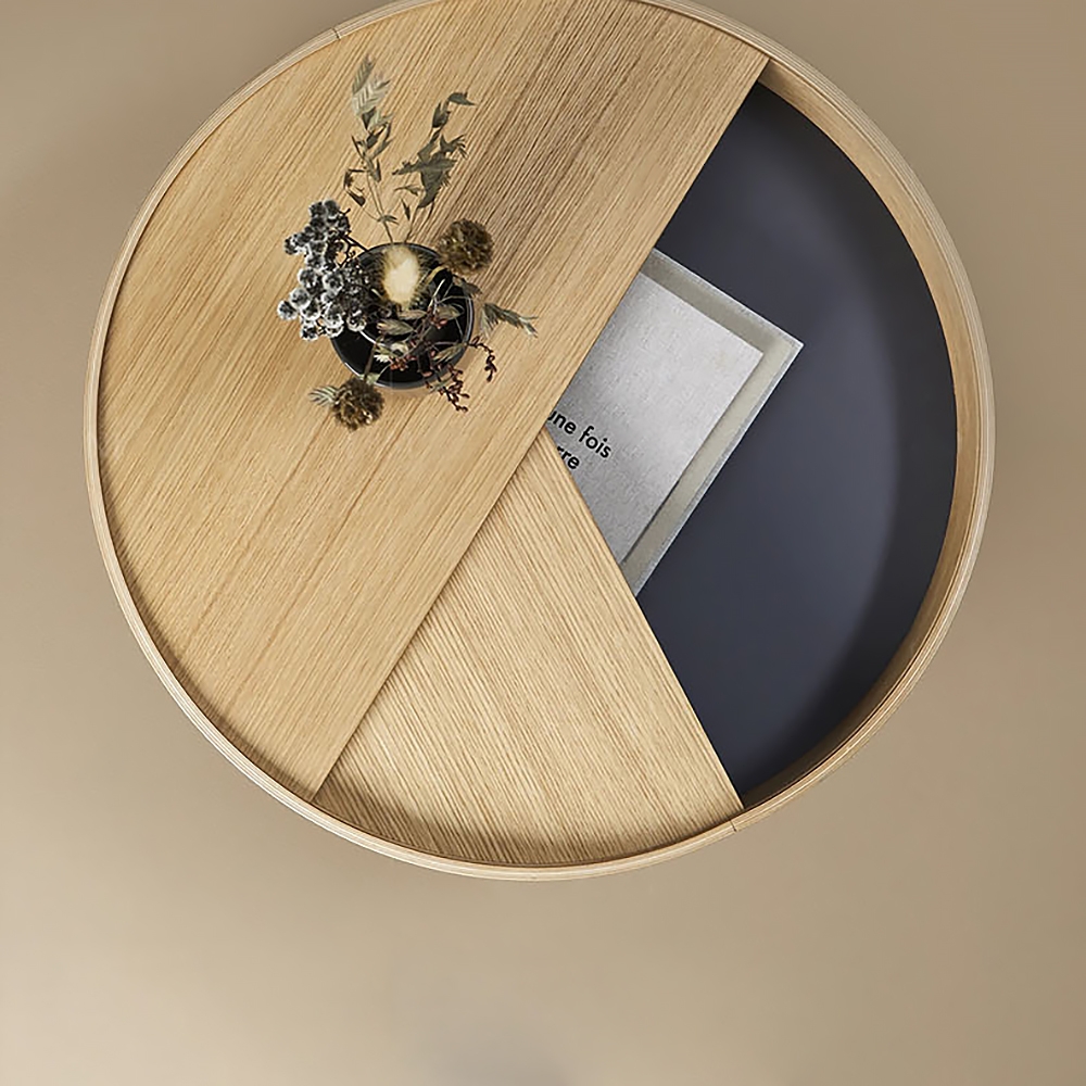 Farmhouse Natural Rotating Side Table with Hidden Storage Wood Round End Table window image