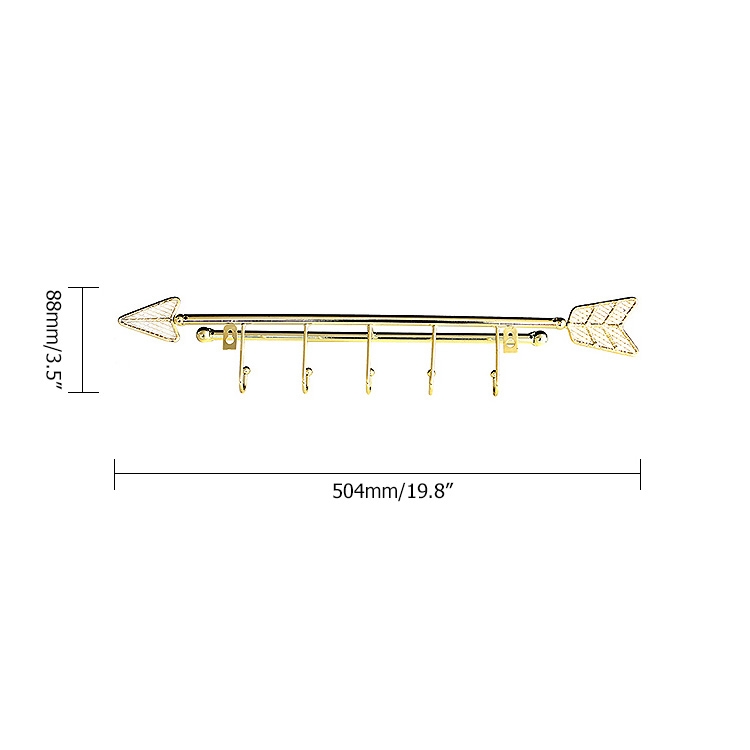 Modern Wall Mounted Metal Jewelry Display 5-Hook Decorative Arrow Jewelry Hanger in Polished Gold