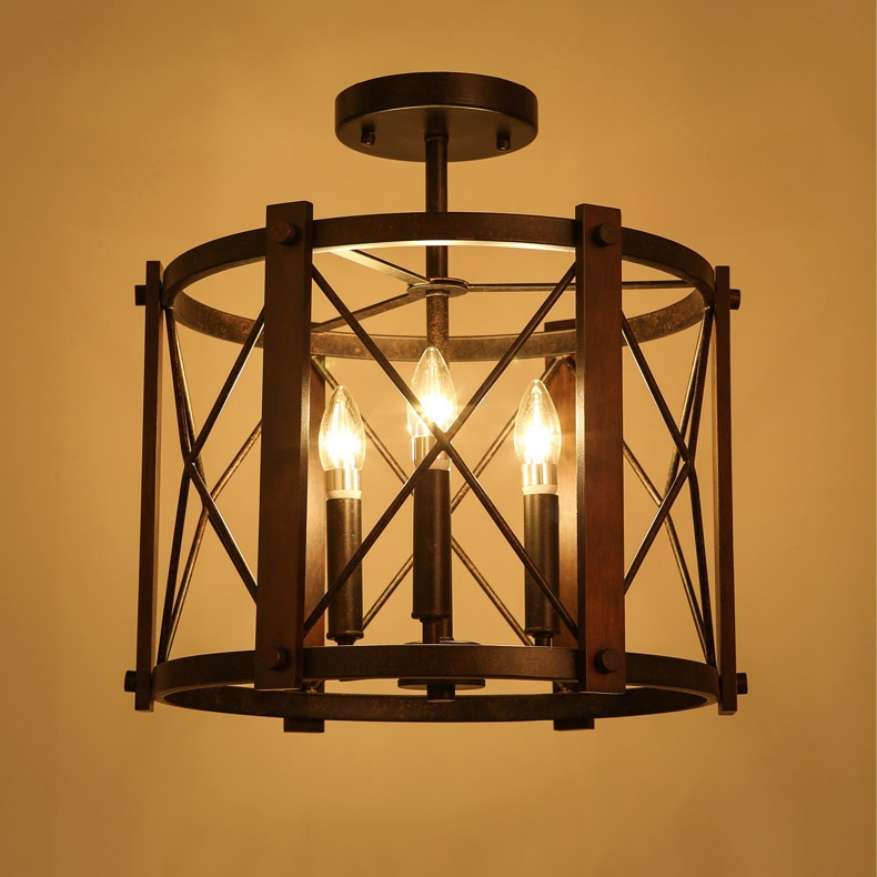 Retro Industrial 3-Light Drum-Shaped Metal & Wood Frame Semi Flush Ceiling Light in Rust window image