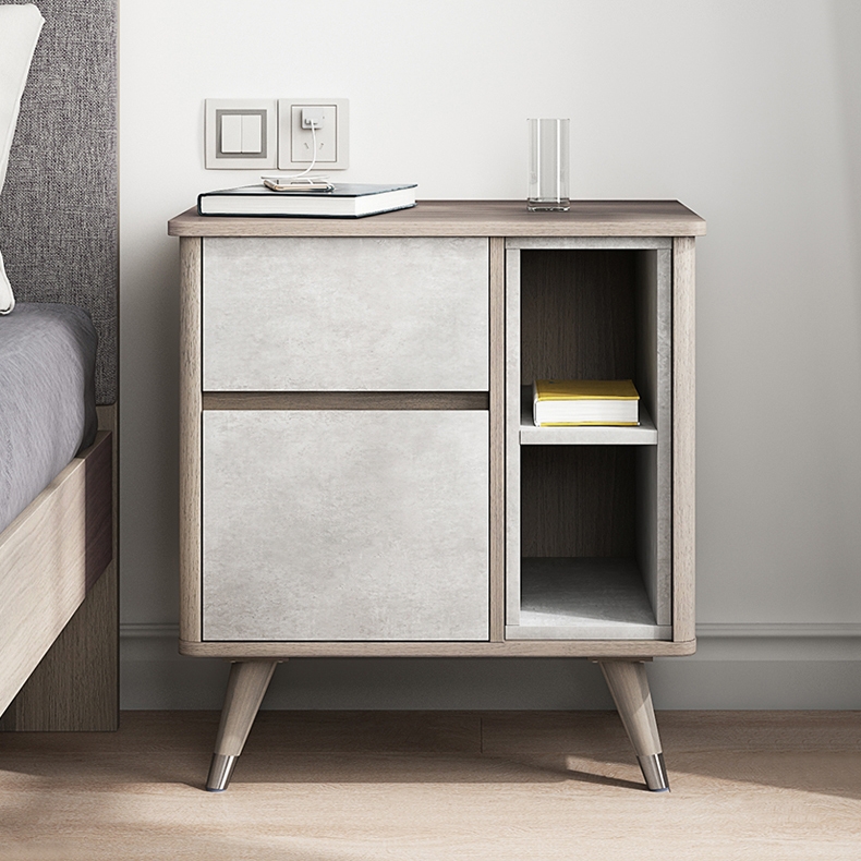 Modern Nordic Small Makeup Vanity Table & Side Storage Vanity with Flip Top Mirror & Storage Cabinet in Cement Gray window image