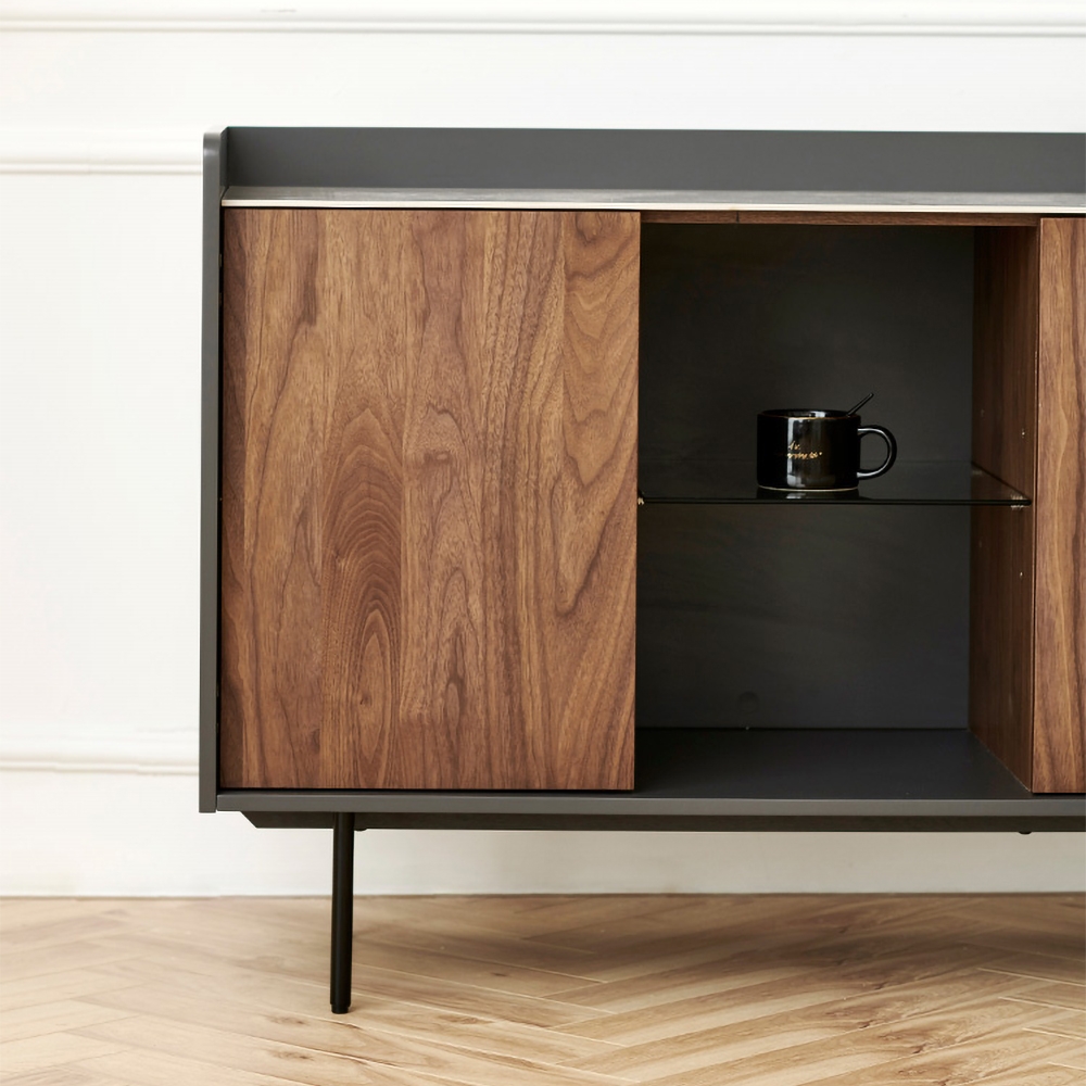 59" Walnut Sideboard Buffet Ceramics Top with Doors & Adjustable Shelves in Carbon Steel Legs window image