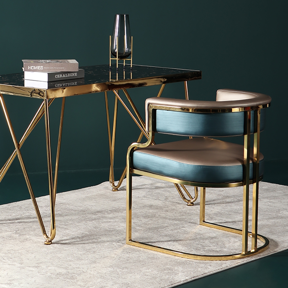 Modern Side Chair with Metal Base PU Leather Upholstered Armchair Brown Accent Chair window image