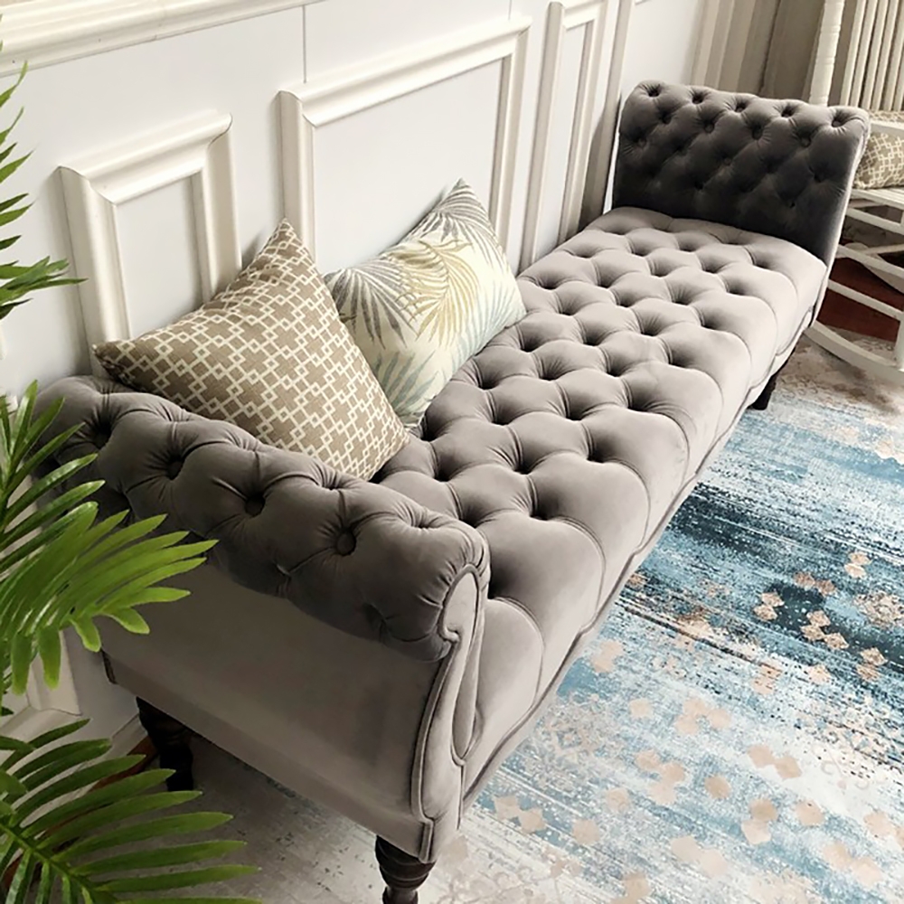 Gray Tufted Bench Velvet Upholstered Bench Ottoman Bench Mid-Century Bench window image