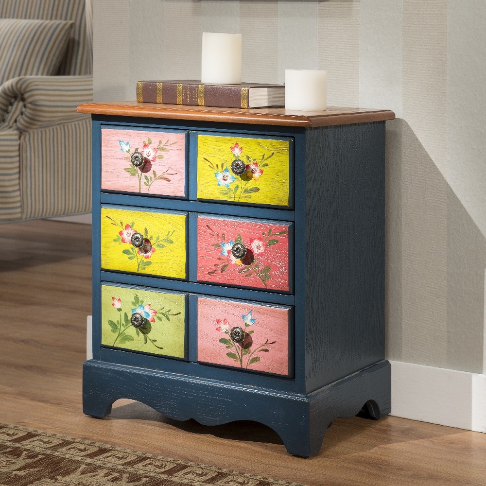 Vintage Gray&Walnut Cabinet Floral Accent Chest with 6 Drawers window image