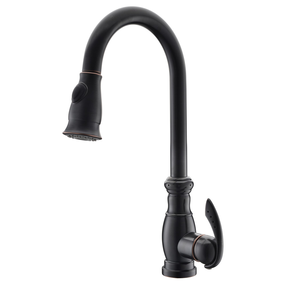 Traditional Goose Neck One-Hole Pull-out Spray Kitchen Faucet with Single Handle Solid Brass in Antique Black window image