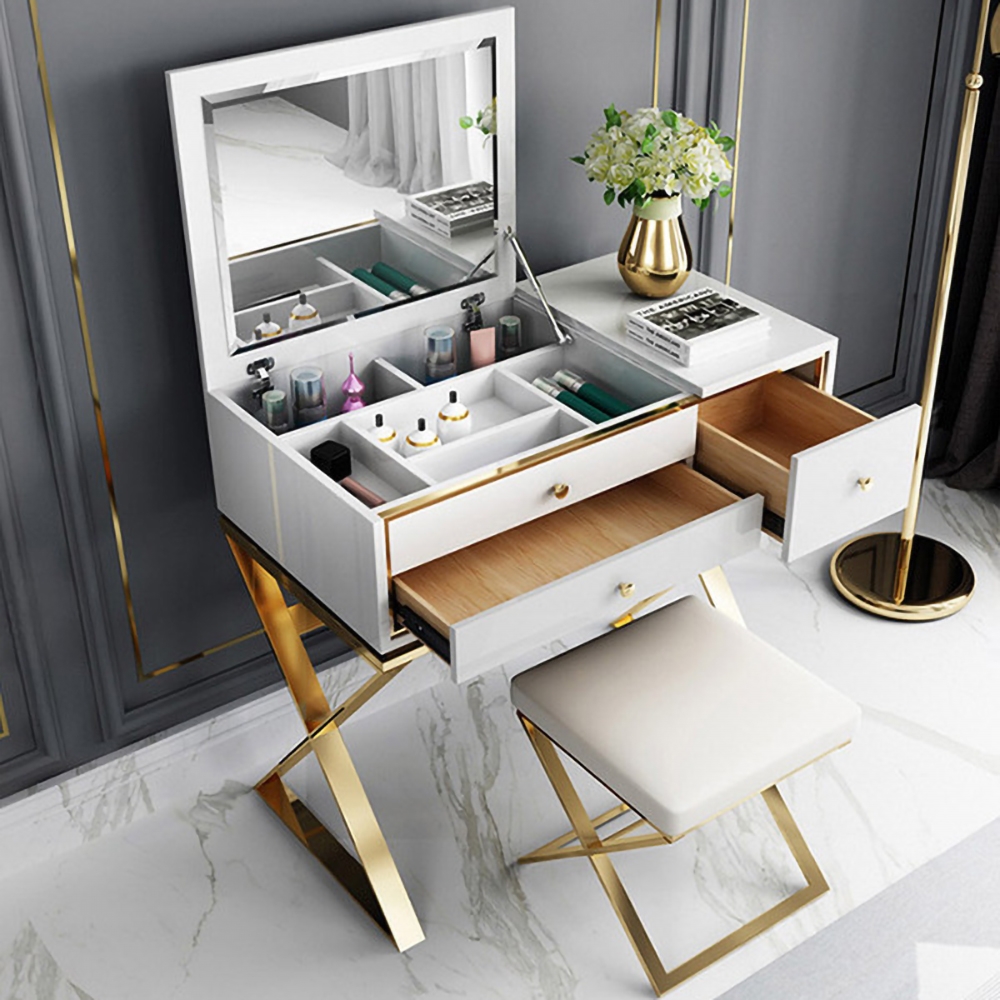 White Makeup Vanity Set Glossy Dressing Table with 2 Drawers in Gold Stool Included window image