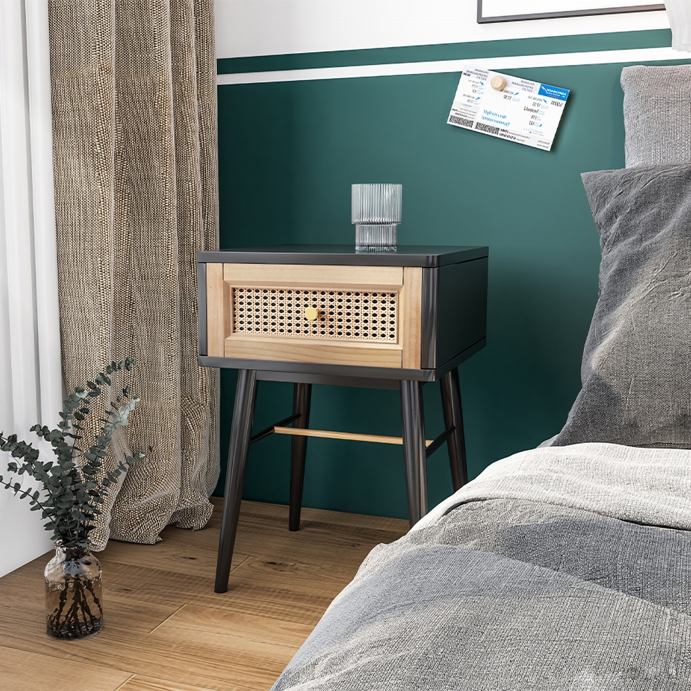 Modern Minimalist Black Nightstand Rattan Bedside Table with 1 Drawer window image