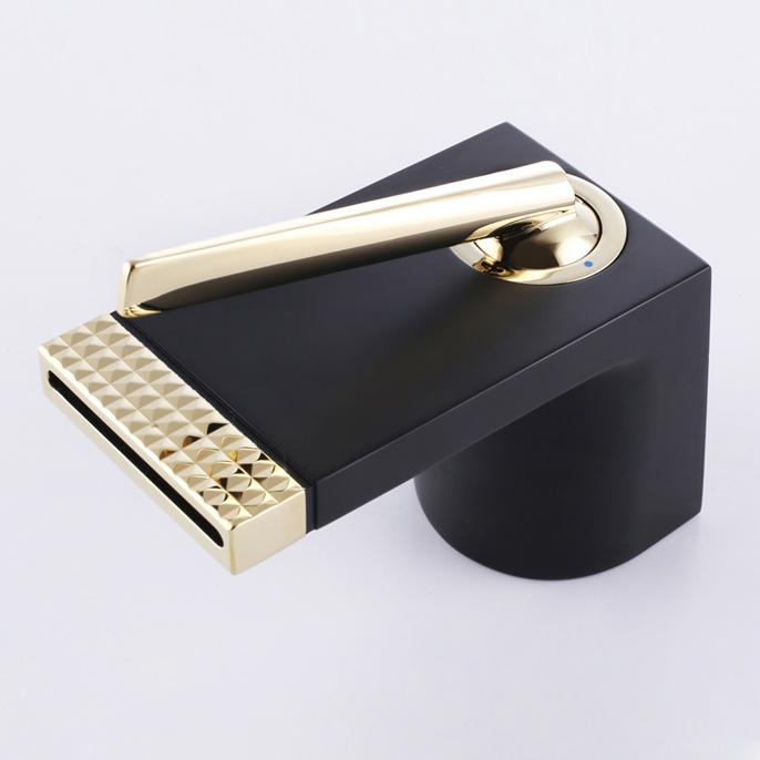 Contemporary Waterfall Spout Single Hole 1-Handle Bathroom Sink Faucet Solid Brass in Black & Gold window image