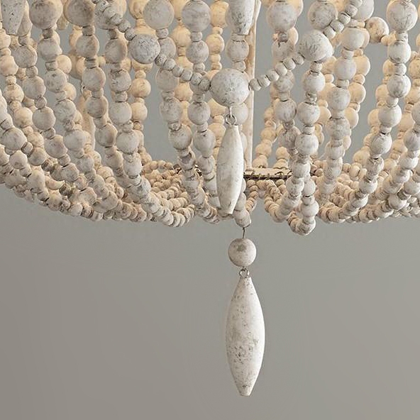 Classic Farmhouse Distressed Wood Beaded Basket 3-Light Chandelier in Antique White window image