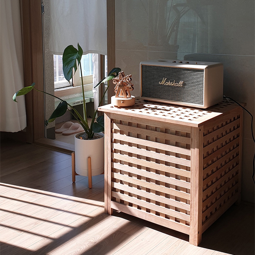 Modern Nightstand Grid Nightstand 1 Door Accent Cabinet Wood Bedside Table window image