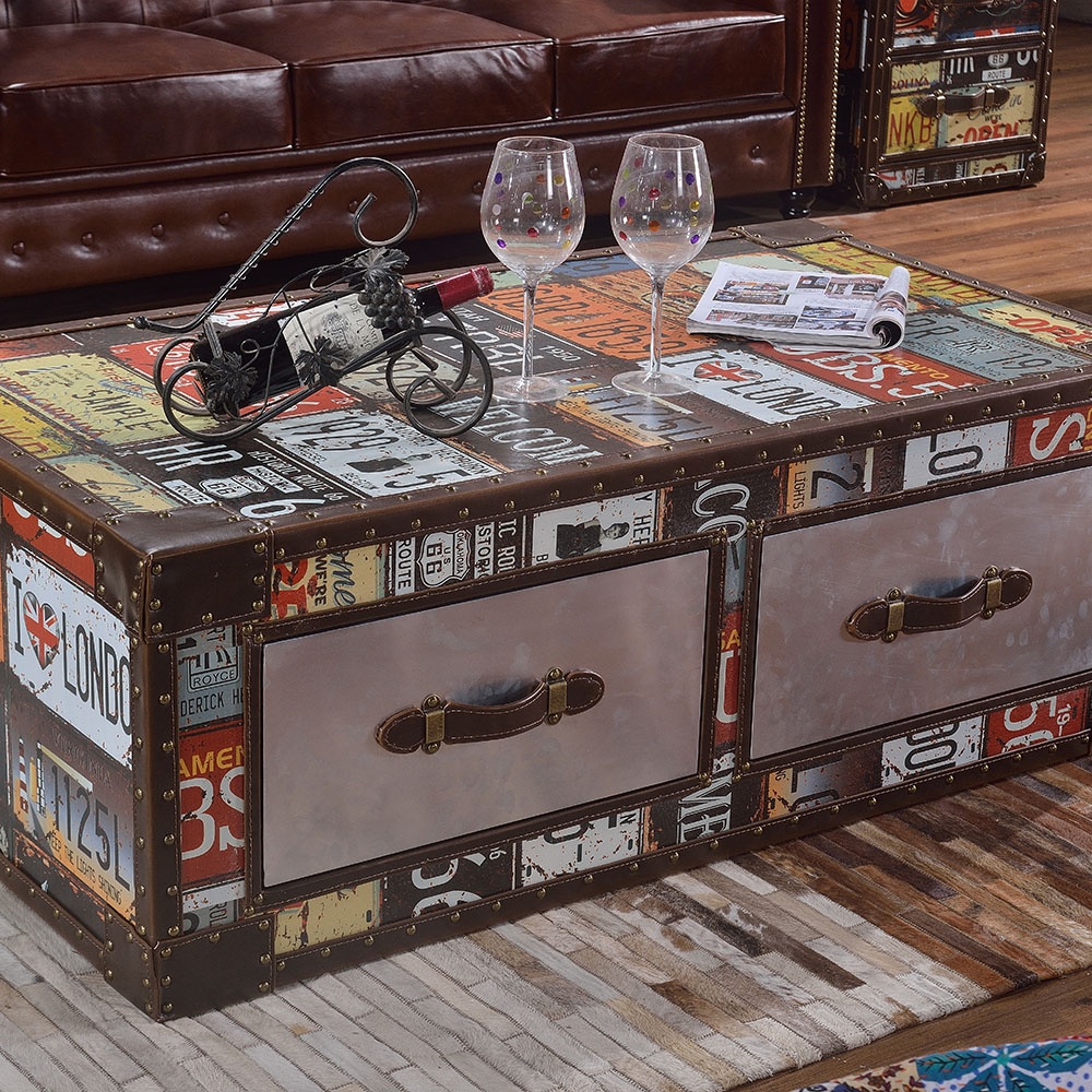 Retro Style Coffee Table with Drawers Rectangular Accent Table window image