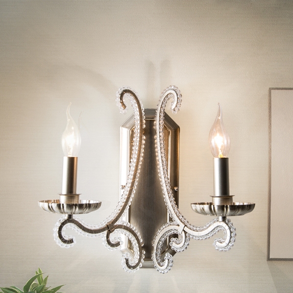 French Country Wall Light Clear Crystal Candle Indoor Wall Light 2-Light in Distressed Brushed Nickel window image