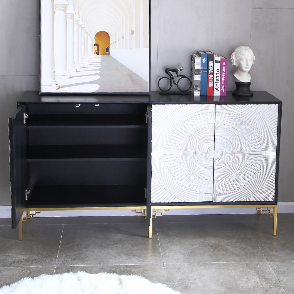 Black&Silver Sideboard Buffet Solid Wood Kitchen Cabinet with Doors and Shelves in Brass window image