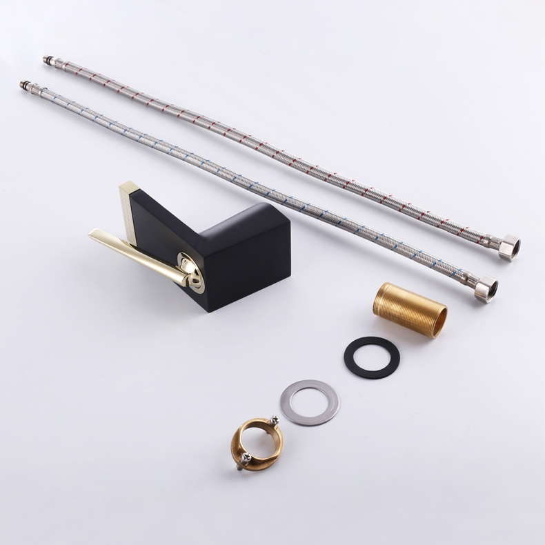 Contemporary Waterfall Spout Single Hole 1-Handle Bathroom Sink Faucet Solid Brass in Black & Gold window image