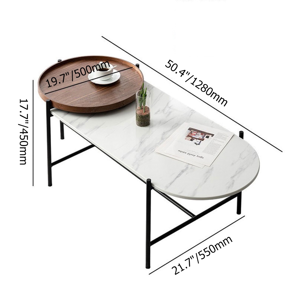 Modern 2-Tiered Coffee Table Marble Top & Wooden Tray top window image