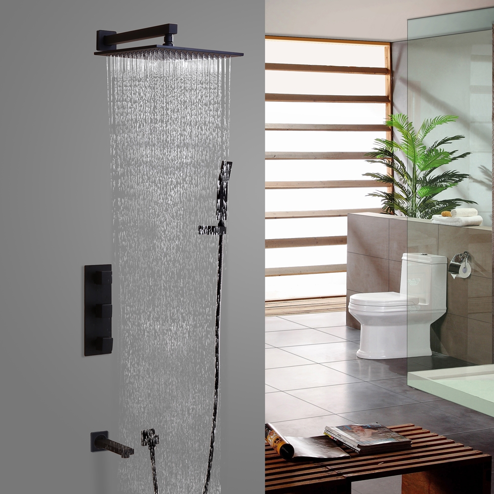 Matte Black Anti-Scald Wall-Mount 12" Rain Shower System with Hand Shower Kit & Bath Filler Solid Brass window image