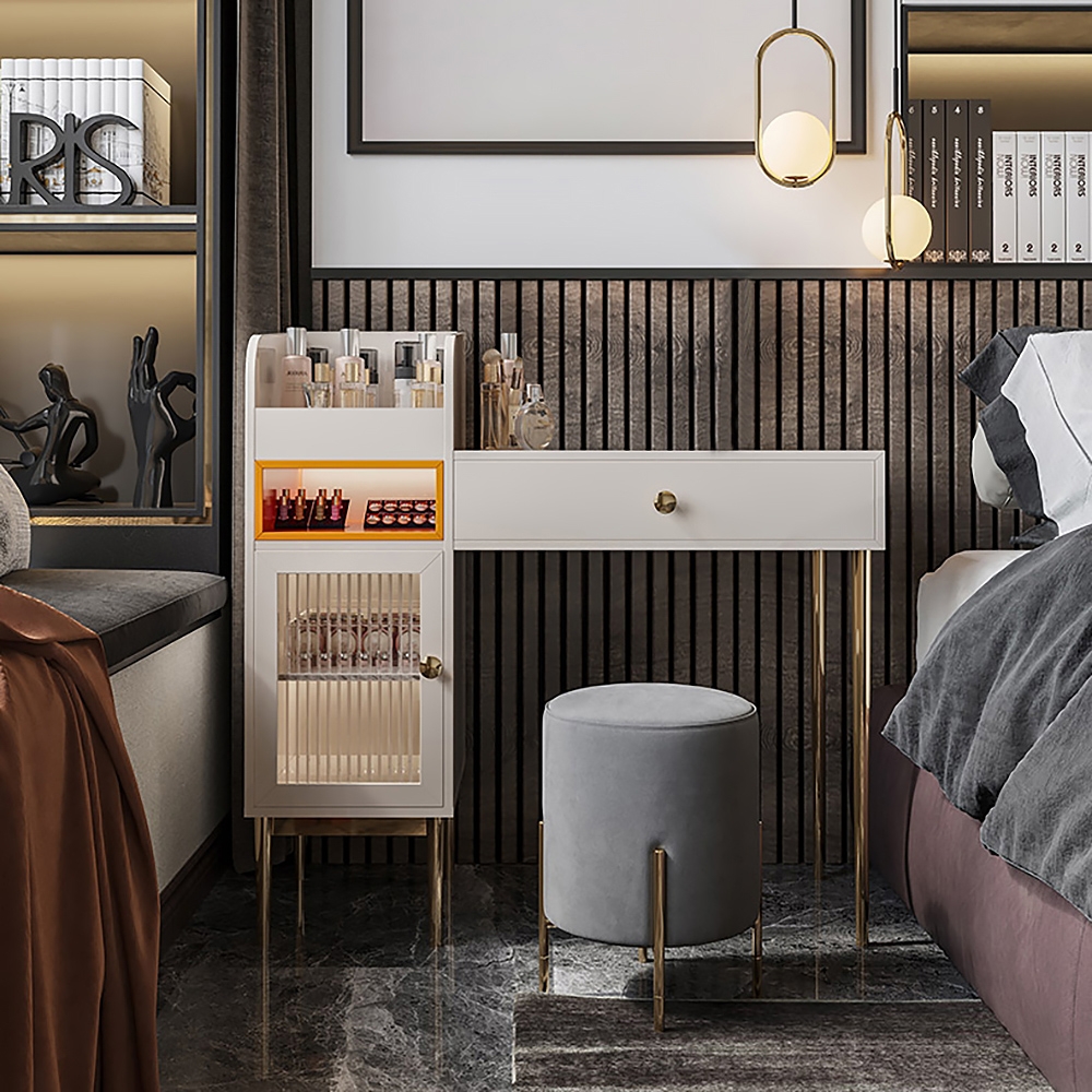 Makeup Vanity with Lights Drawer & Door Side Cabinet Dressing Table Stainless Steel Base window image